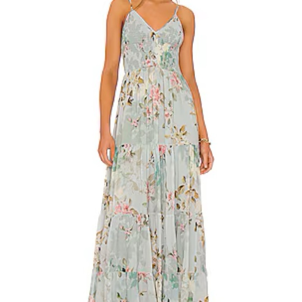 Blue Tiered Maxi Sundress with Spaghetti Straps for Wedding Guest